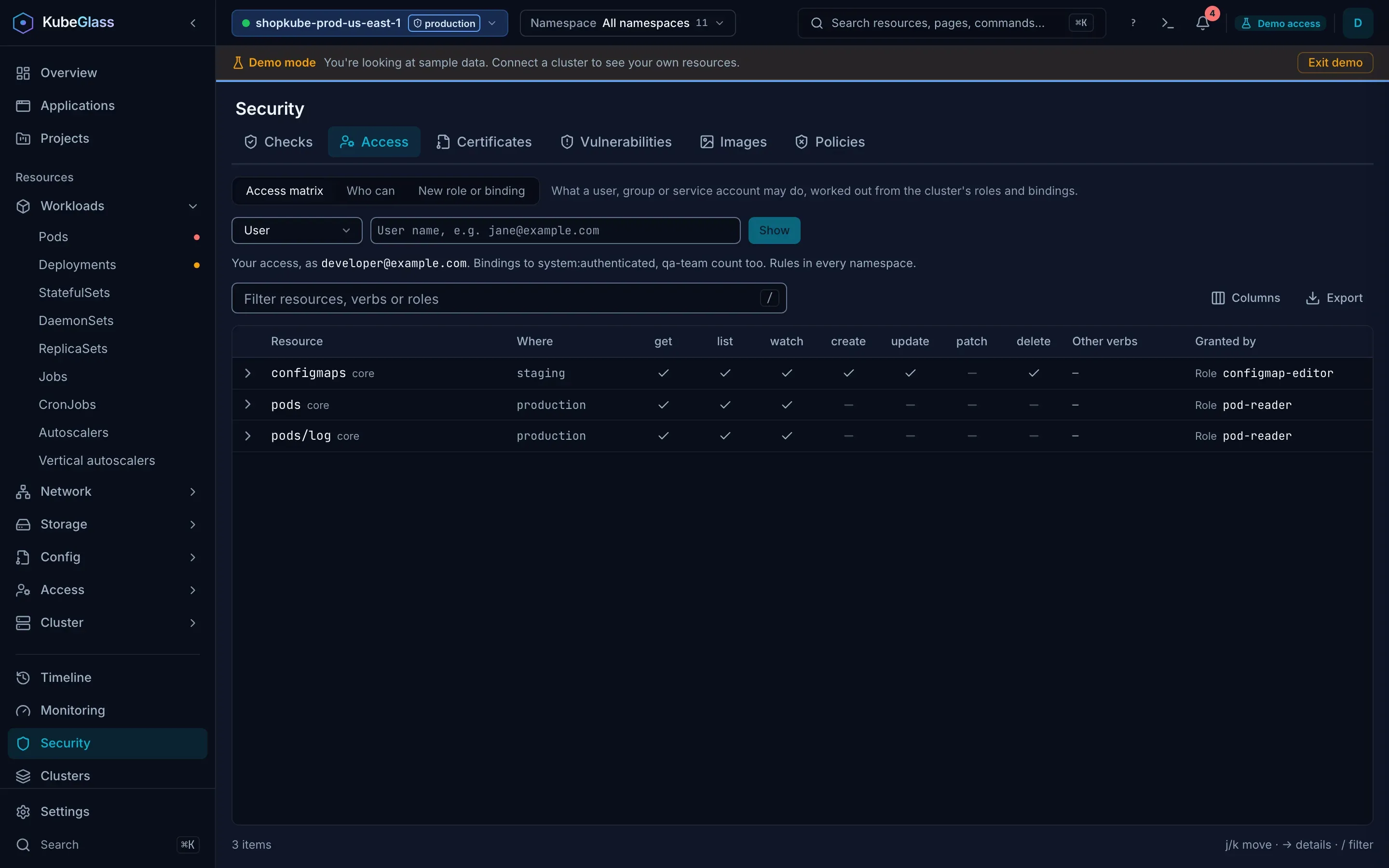 KubeGlass access page: What you, or any user, group or ServiceAccount, may do on each resource, and the role that grants it.