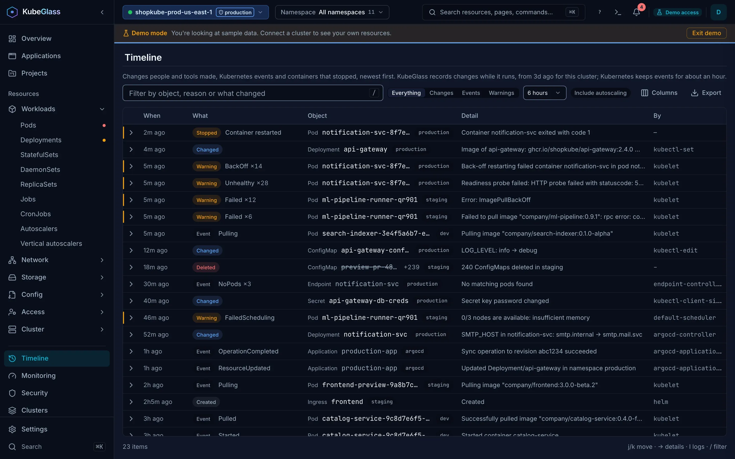 KubeGlass timeline page: What changed in the cluster, field by field, who changed it, and the cluster's events, in one list.
