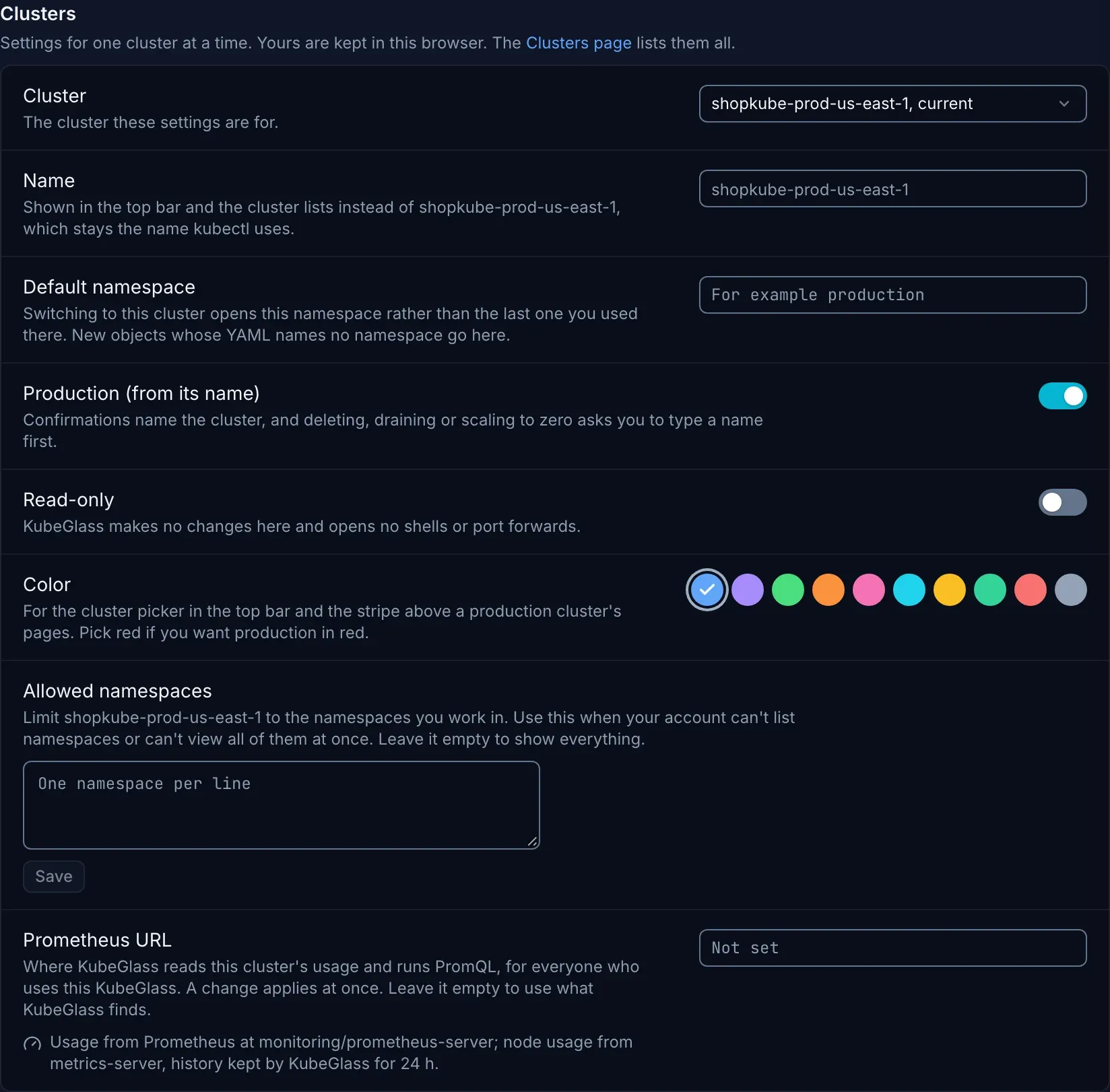 Settings › Clusters in demo mode for one cluster: its display name, default namespace, Production marked from its name, Read-only off, ten colors to pick from, allowed namespaces, and its Prometheus URL with where usage comes from now