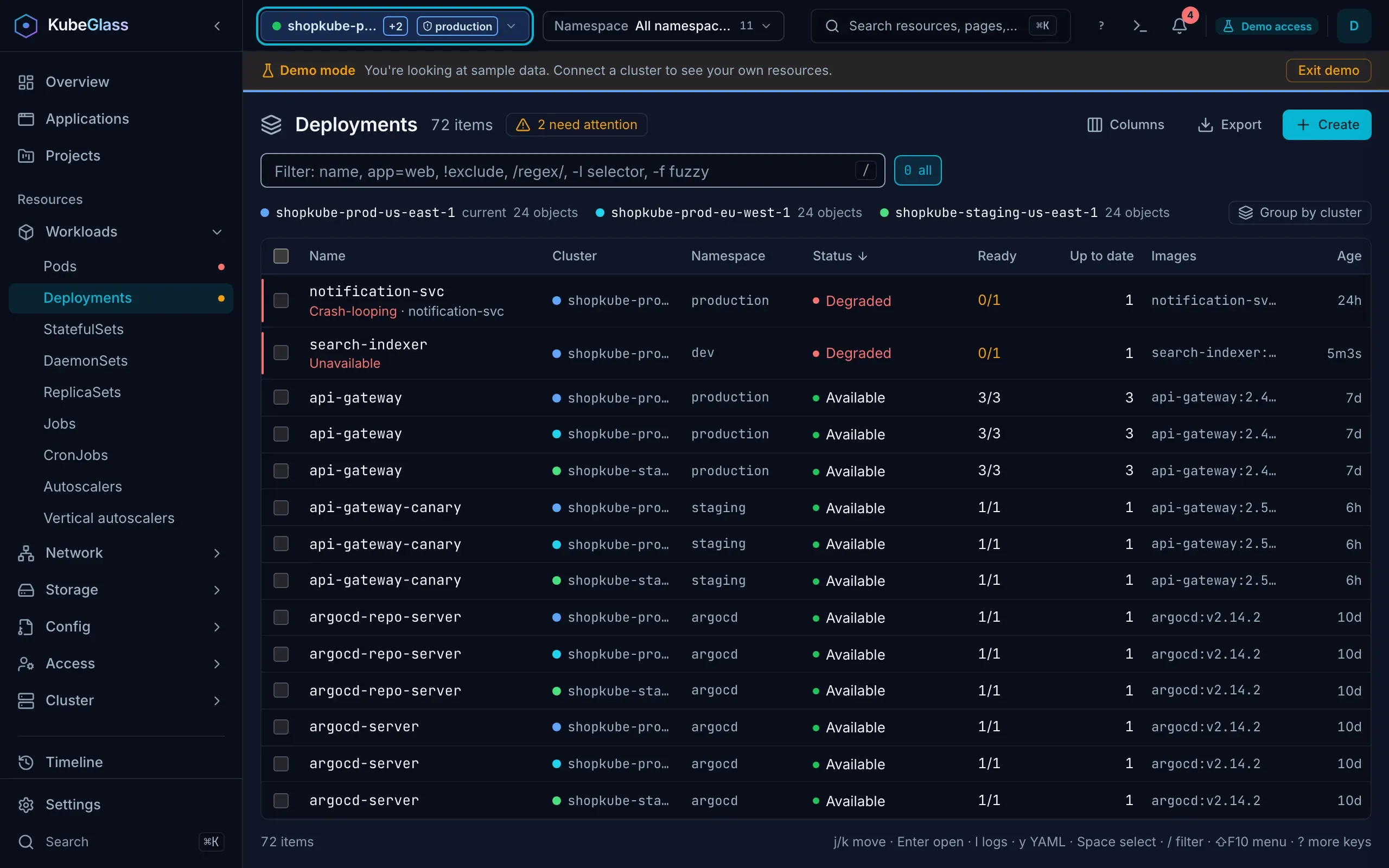 The Deployments list in demo mode showing three clusters at once: a count of objects for each cluster above the list, a Cluster column in each cluster's color, and the same Deployments, such as api-gateway, once per cluster