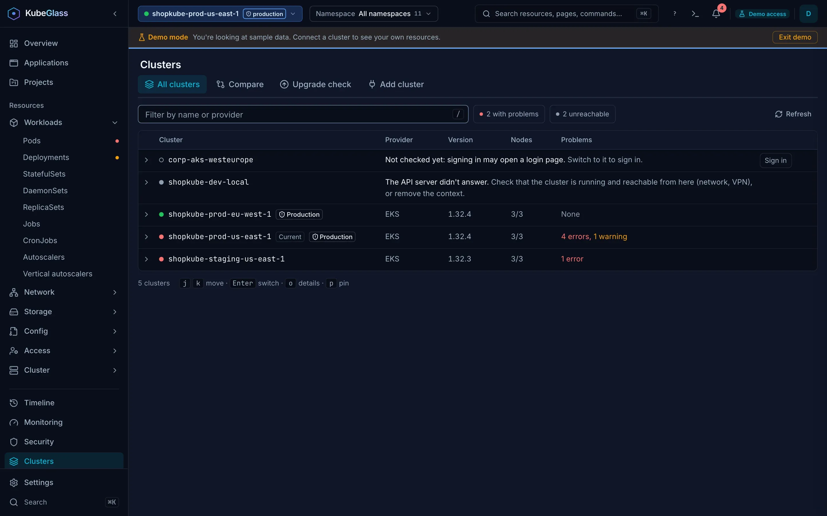KubeGlass clusters page: Every cluster in your kubeconfig with its problems, and why one doesn't answer.