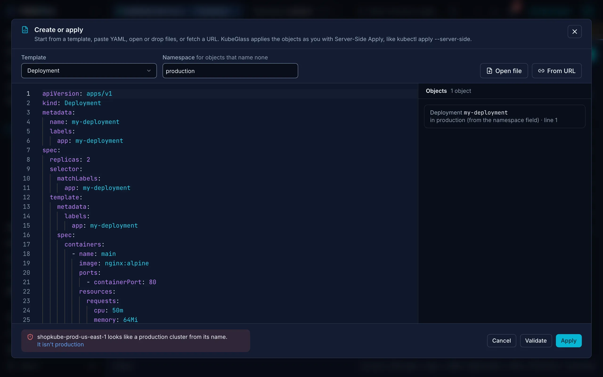 KubeGlass's Create or apply dialog: a Deployment template in a YAML editor, the namespace for objects that name none, Open file and From URL buttons, the list of objects it will apply, and Validate and Apply