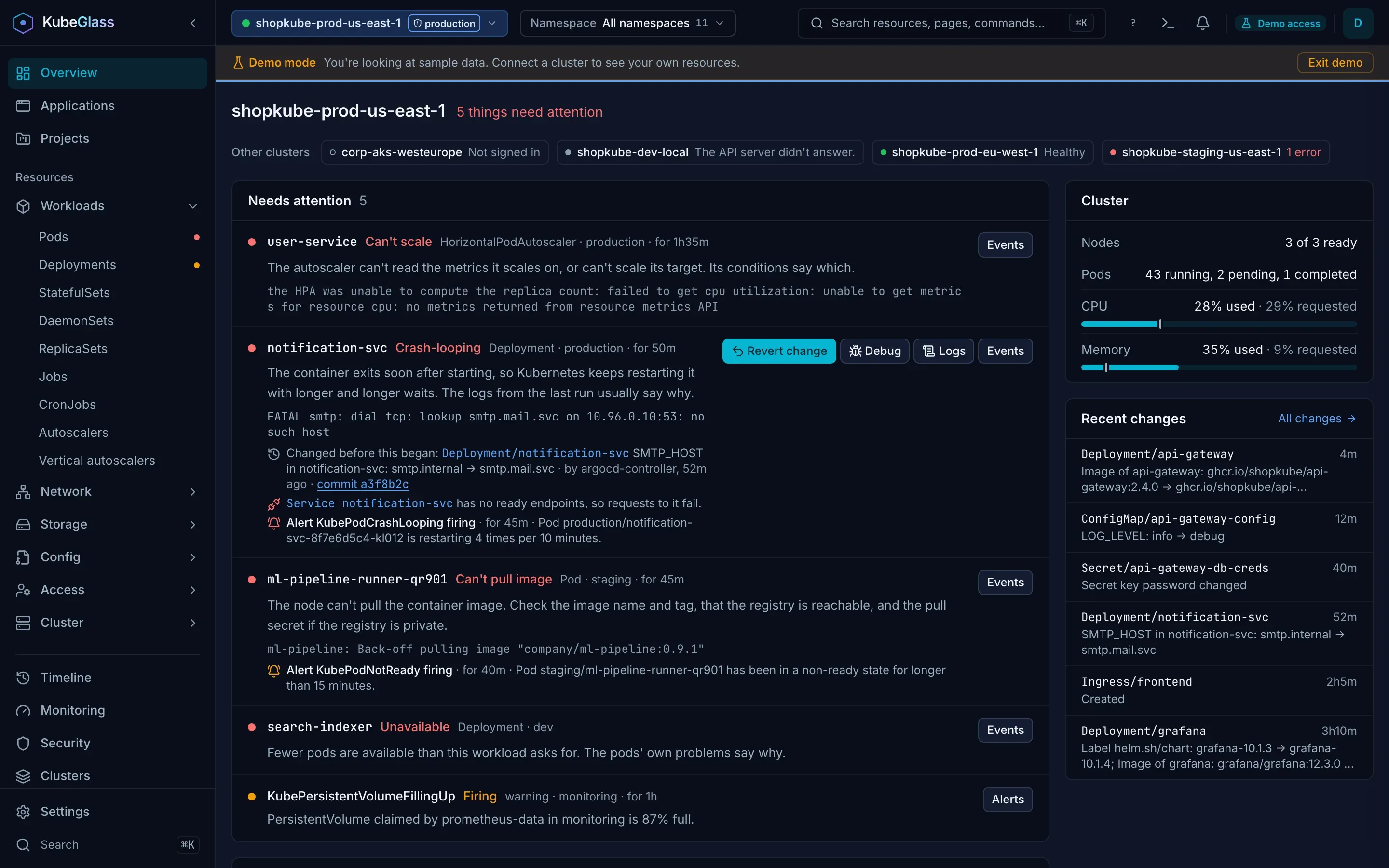 KubeGlass overview page: What needs attention in the current cluster, errors first and then the newest, with the reason in plain words, and what changed lately.