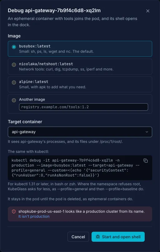 KubeGlass's Debug dialog for a pod in demo mode: busybox picked as the image, with netshoot, alpine and another image as the other choices, api-gateway as the target container, the same kubectl debug command with a copy button, a note that the cluster looks like production, and Start and open shell