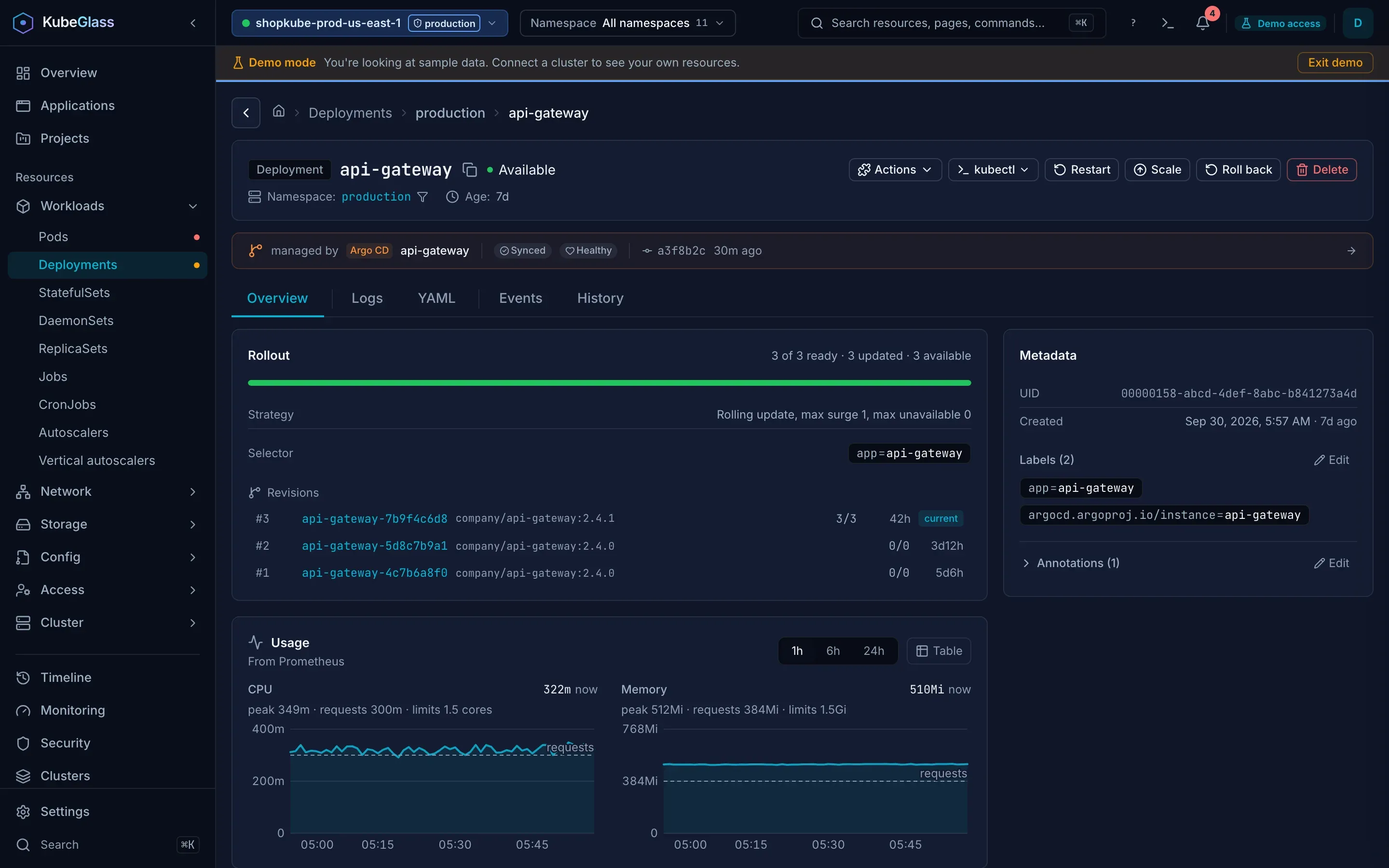 KubeGlass resource page: A Deployment's rollout, pods, checks and recent events, with scale, restart and roll back.