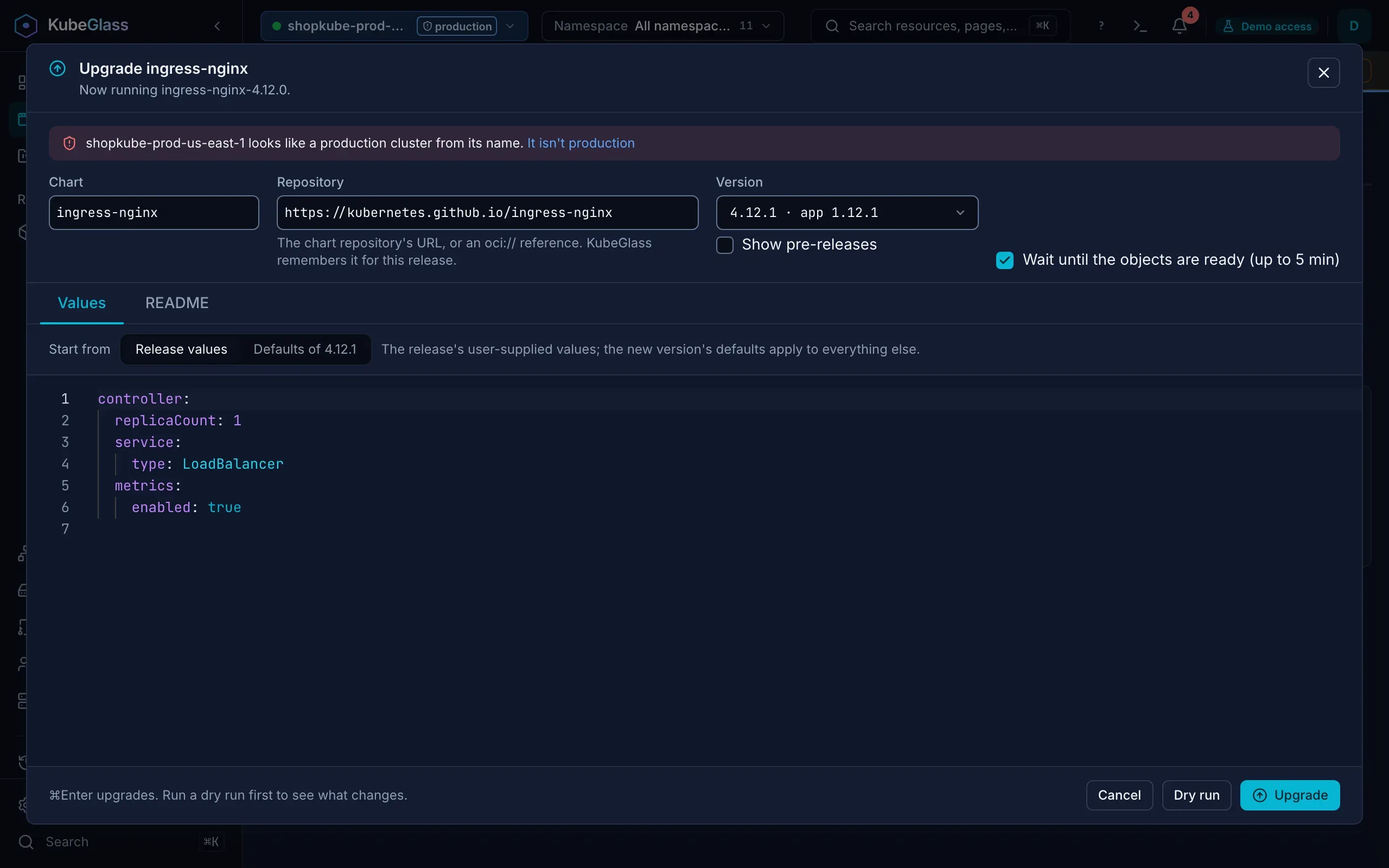 KubeGlass's Upgrade dialog for the ingress-nginx release in demo mode: a note that the cluster looks like production, the chart, its repository URL, version 4.12.1 picked from a list, Wait until the objects are ready ticked, and the release's values in an editor with Values and README tabs, and Dry run and Upgrade buttons