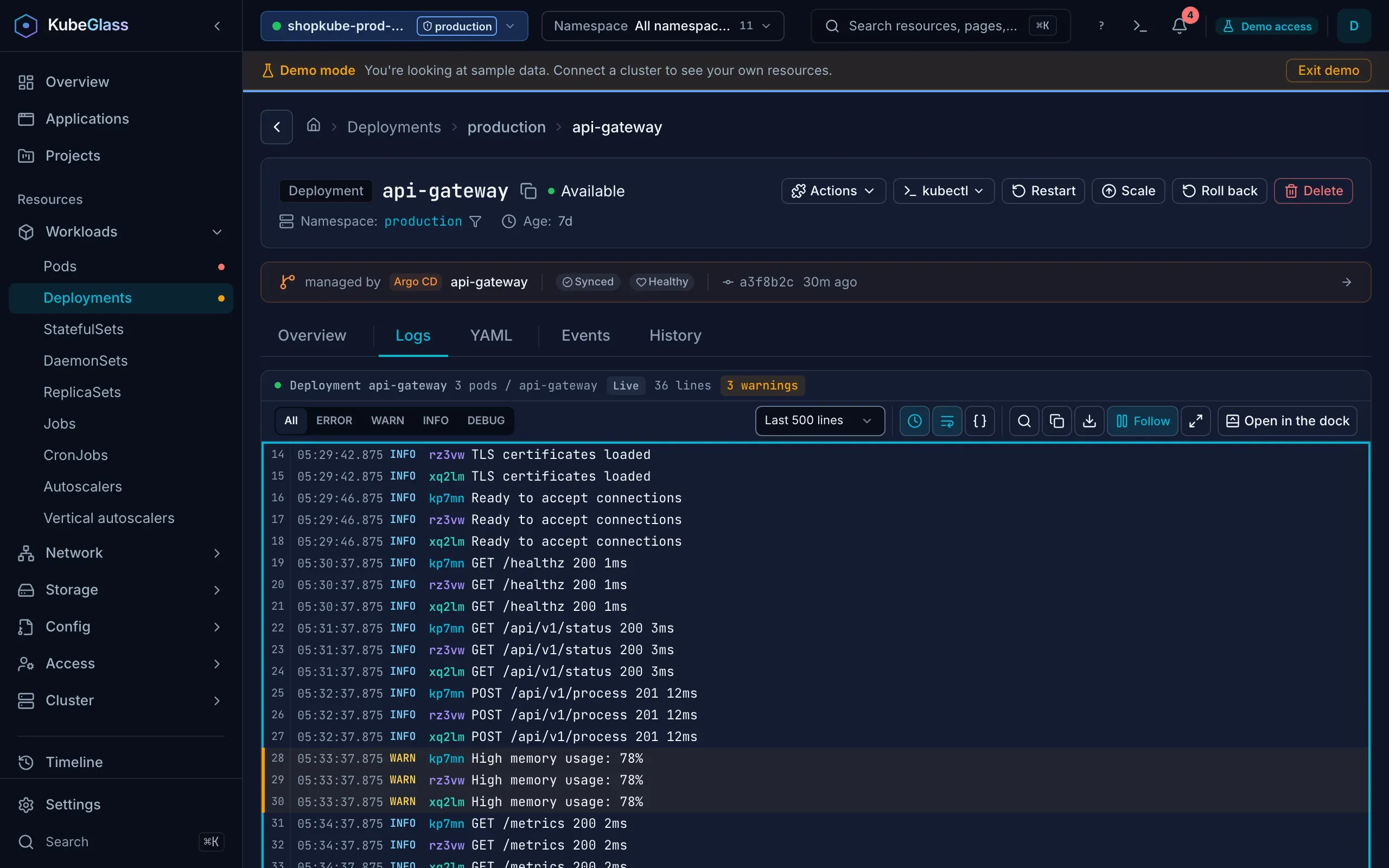 The Logs tab of the api-gateway Deployment in demo mode: the lines of its three pods merged in time order, each tagged with the end of its pod's name, with INFO lines and three WARN lines marked, and the level, time range, follow and download controls above them