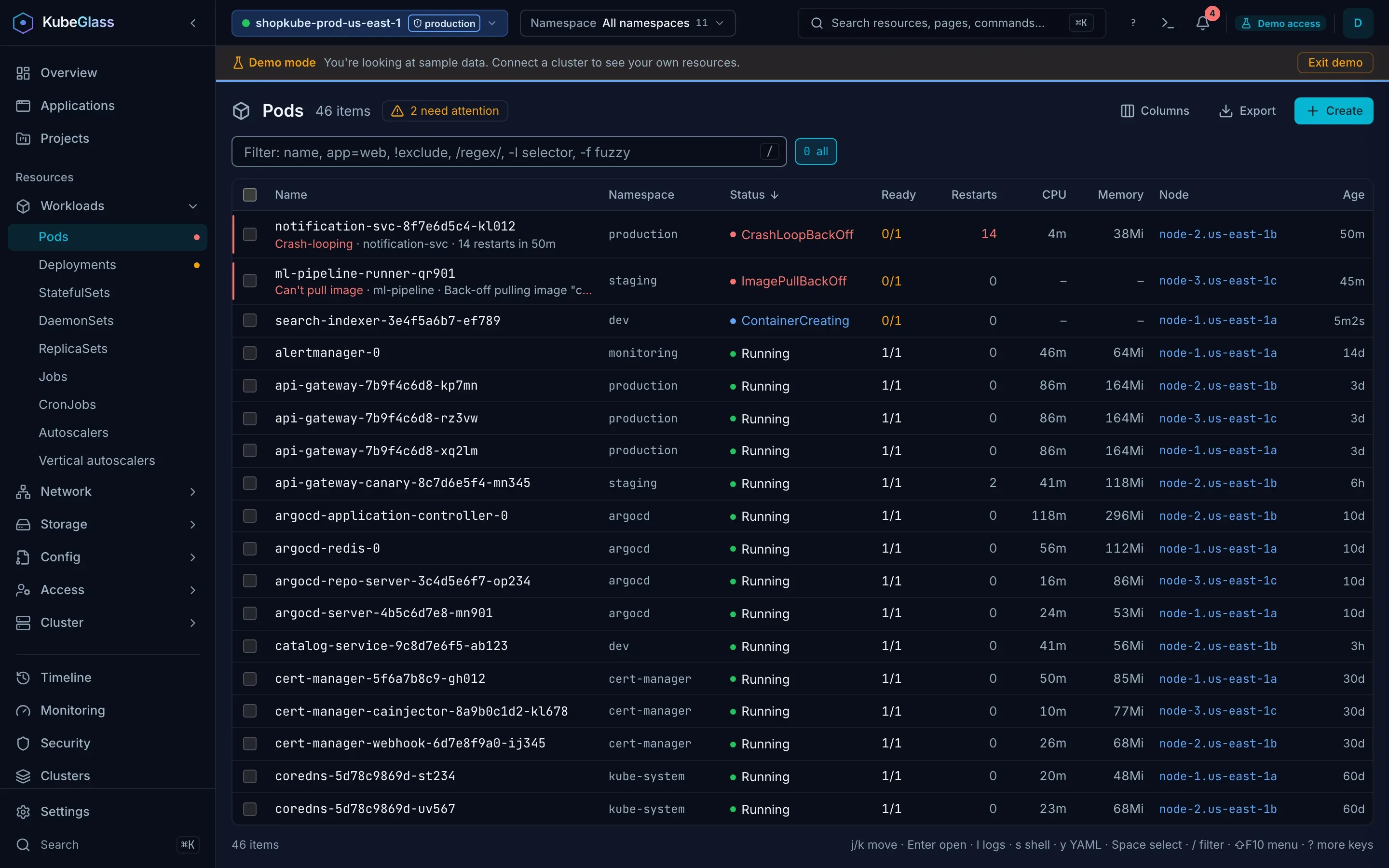 KubeGlass lists page: Every kind, built-in or custom, gets the same live list, with the status and problem of each object, label filters and k9s-style keys.